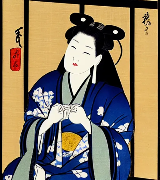 Image similar to madonna the singer in a beautiful kimono holding in her hand a fan, sitting on the floor next to a black and white playing cat, in the background a folding screen with blue irises and a window with bamboo. in the style of bijin - ga.