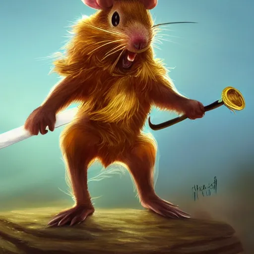 Prompt: anthropomorphic Rat with a filigran golden diadem that has a golden feather sticking out from it, in an action pose, with epee in hand, sunset lighting, trending on Artstation