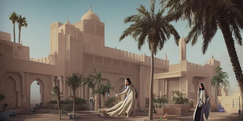 Image similar to Futuristic Morocco, palm trees , Moroccan mosque ,WLOP, flying cars ,James Jean, tom bagshaw, rococo, trending on artstation, fantasy, intricate, elegant, highly detailed, digital painting, concept art, smooth, illustration, cinematic lighting, hyper realism, octane render, 8k, hyper detailed.