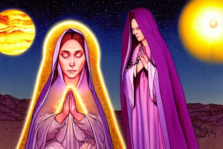 Image similar to a hyperrealist watercolour character concept art portrait of the blessed mother of guadalupe, glowing on well lit night in las vegas, nevada. there is a ufo in the background. desert elements. flowers adorn. beautiful gradients. by rebecca guay, michael kaluta, charles vess and jean moebius giraud