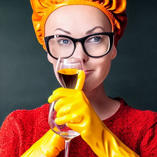 Prompt: CHARMING lady with beautiful face in orange latex gloves holding a wonderful glass of wine