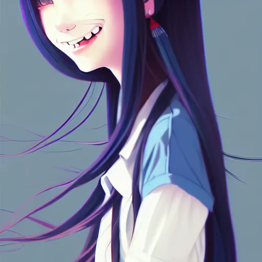 Image similar to urban school girl in shirt fanart, dark blue long hair, muted colors, matte print, pastel colors, ornate, digital art, cute smile, digital painting, fan art, elegant, pixiv, by Ilya Kuvshinov, by Studio Ghibli