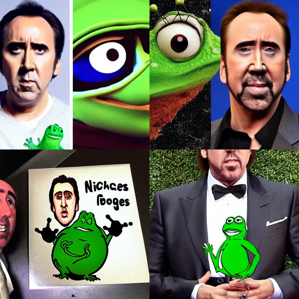 Prompt: Nicolas Cage as pepe the frog