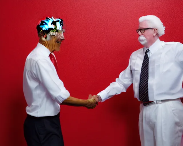 Image similar to Obama giving Colonel Sanders from KFC a handshake, photograph, red background with white stripes, 8k, commercial lighting, professional lighting