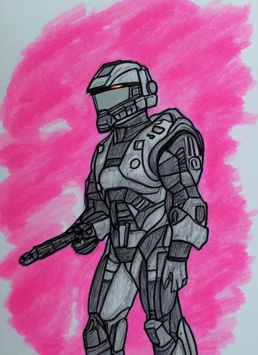 Prompt: master chief drawn with markers on a pink background