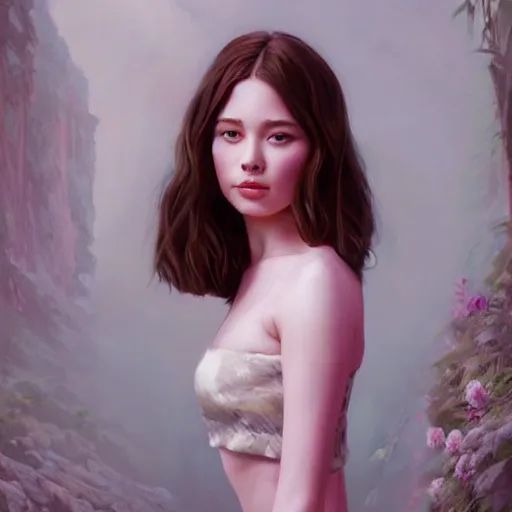 Prompt: a beautiful scenic painting of a beautiful young woman that looks like ana de armis by artgerm and wlop and wes anderson and spike jonze
