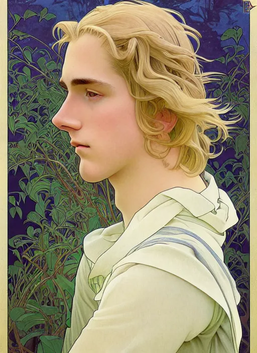 Image similar to pretty young man with shoulder length blond hair, male, half body shot, path traced, highly detailed, high quality, digital painting, by studio ghibli and alphonse mucha, leesha hannigan, hidari, art nouveau, chiho aoshima, jules bastien - lepage