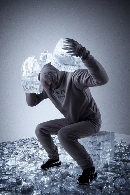 Prompt: ice sculpture of squatting man in tracksuit, shiny, ultra realistic render, 4k, volumetric lighting, highly detailed, studio lighting, octane render, glowng, ray tracing, cold mist, bokeh