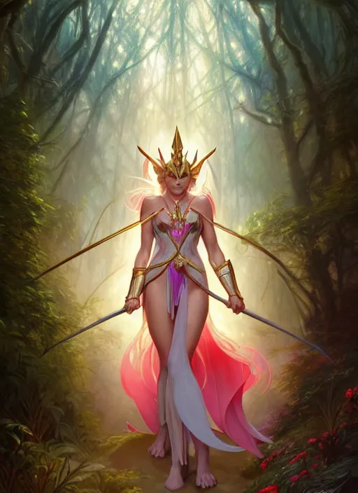 Prompt: she - ra in the enchanted mystical forest, d & d, fantasy, intricate, elegant, highly detailed, digital painting, artstation, concept art, smooth, sharp focus, illustration, art by artgerm and greg rutkowski and alphonse mucha