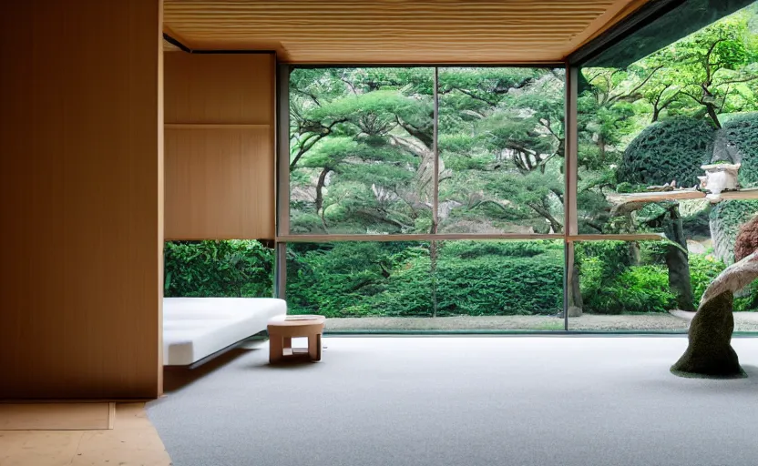 Image similar to futuristic minimalist japanese living room, zen garden, coherent composition, architecturally accurate, architecture photography, 8 k