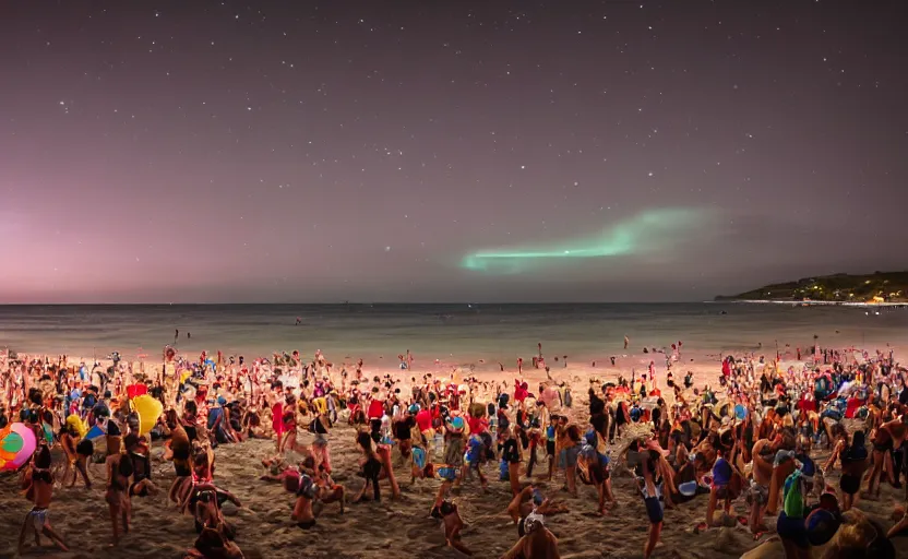 Image similar to long exposure photography of a crowd of muppets having a crazy party at the beach,