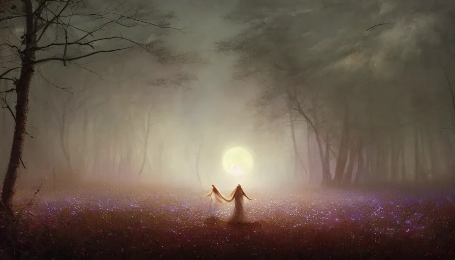Image similar to dancers in white lit only by the moon, dancing across a flower meadow in the forbidden forest, the twilight dance of the fae by aleksi briclot, greg rutkowski and ivan aivazovsky, contemporary dancers dancing artistic photorealistic volumetric cinematic light, award - winning, atmospheric fantasy sky, oil painted surrealist abstract