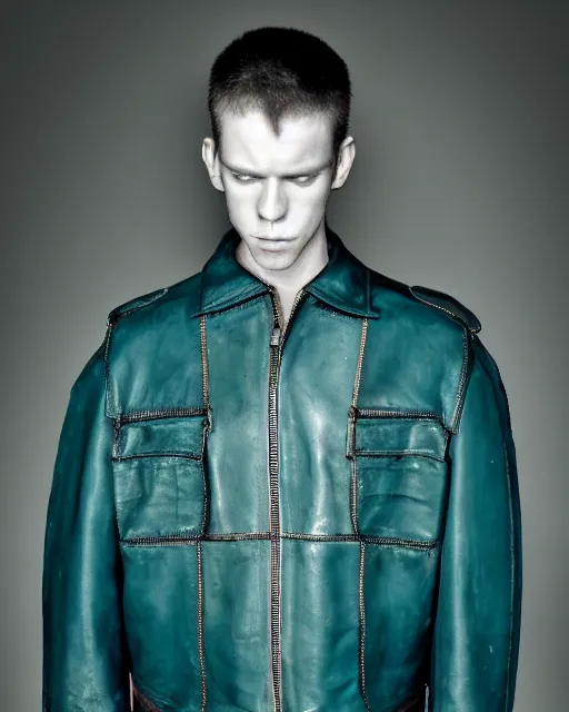 Prompt: an award - winning photo of an ancient male model wearing a plain cropped baggy teal distressed medieval designer menswear leather military jacket designed by alexander mcqueen, 4 k, studio lighting, wide angle lens, 2 0 0 4