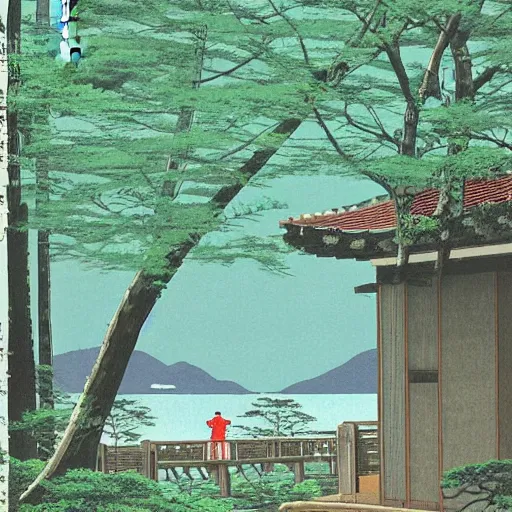 Image similar to painting by Hasui Kawase, atmospheric cozy futuristic organic white concrete house in the middle of a lush and dense forest at night, a beautiful lake next to it, night time, night sky, starry night sky, by Hasui Kawase