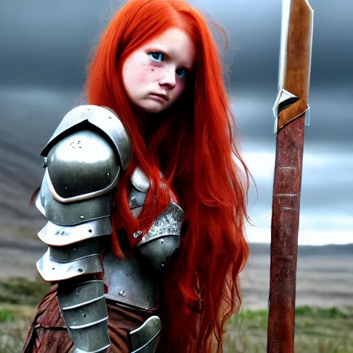 Prompt: north girl, warrior, red hair, fantasy, high detailed, photography, cloudy, lightweight armor, Scandinavia, plain, Authentic, detailed face, spear in hand