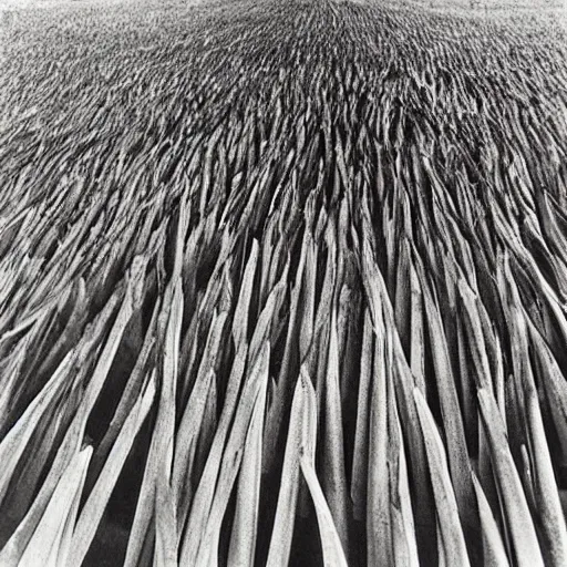 Image similar to A beautiful land art. It has no visible auditory organs, just eyes, human eyes, hundreds of them, in the ends of stalks that radiate from its body like some exotic fruit. by Mikhail Larionov, by Cildo Meireles a e s t h e t i c