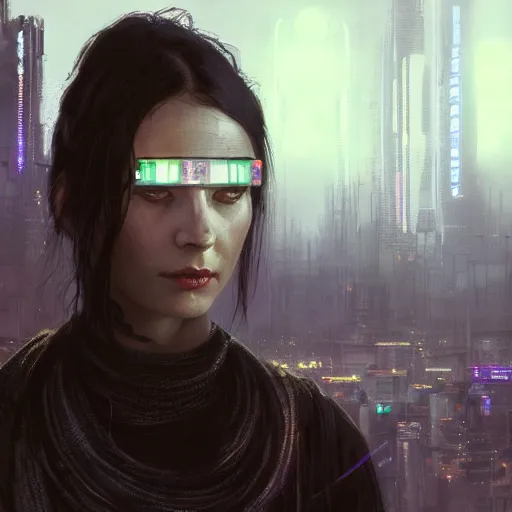 Image similar to molly millions, closeup portrait of a young beautiful cyberpunk woman, mirror eye implants, black hair in a rough shag, sunset, neuromancer, street samurai, cyberpunk city background, megacity, gorgeous view, depth, high detail, digital art, painted by greg rutkowski, painted by seb mckinnon, painted by jeremy mann, trending on artstation