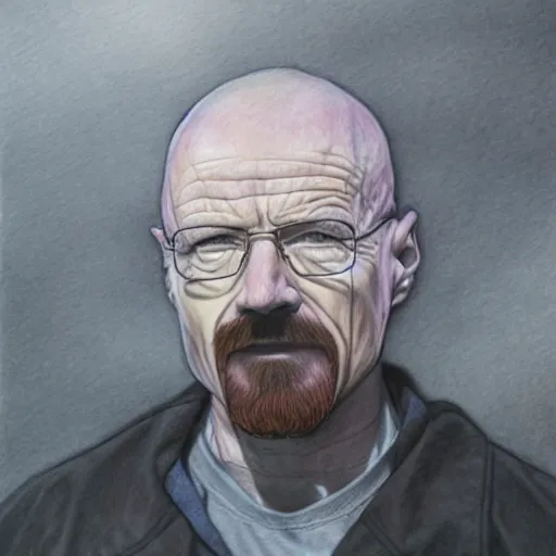 Image similar to walter white covered in acid fog, colored pencil drawing,