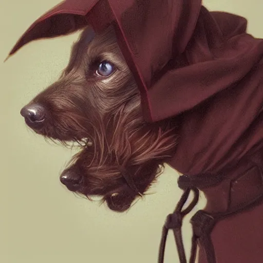 Prompt: portrait of a dystopian cute dog wearing an outfit inspired by the handmaid ’ s tale ( 2 0 1 7 ), intricate, headshot, highly detailed, digital painting, artstation, concept art, sharp focus, cinematic lighting, digital painting, art by artgerm and greg rutkowski, alphonse mucha, cgsociety