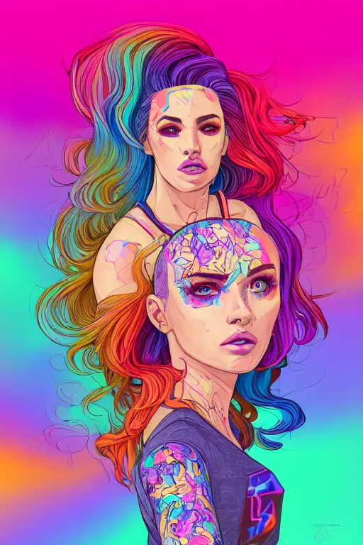 Image similar to a award winning half body portrait of a beautiful woman with stunning eyes in a printed croptop and cargo pants with rainbow colored ombre hairstyle head in motion and hair flying by josan gonzales, outrun, vaporware, shaded flat illustration, digital art, trending on artstation, highly detailed, fine detail, intricate