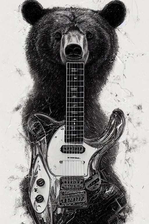 Image similar to realistic bear playing broken lines electric guitar, realistic portrait, symmetrical, highly detailed, digital painting, artstation, concept art, smooth, sharp focus, illustration, cinematic lighting, art by artgerm and greg rutkowski and alphonse mucha