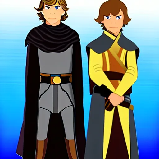 Image similar to cartoon of anakin skywalker and luke skywalker standing proudly shoulder to shoulder