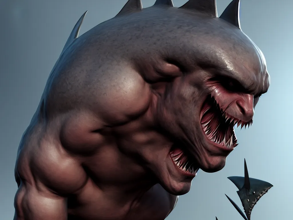 Image similar to game concept art, muscular, lice head, chiroptera head, chiroptera ears, shark teeth, hyperrealism, artstation, cgsociety, zbrush, no background