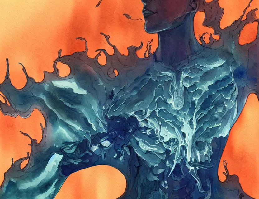 Prompt: amorphous lifeform taking over a person's body, safe for work. this watercolor painting by the award - winning comic artist has dramatic lighting, an interesting color scheme and intricate details.