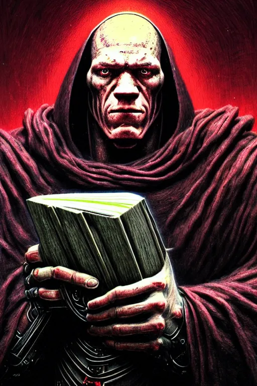 Image similar to potrait of john cena as a cloaked tech priest holding a book, adeptus mechanicus!!, cybernetic enhancements attached to his body, praise the omnissaiah, zdzislaw beksinski, lewis jones, mattias adolfsson, warhammer 4 0 k!!, cold hue's, warm tone gradient background, concept art