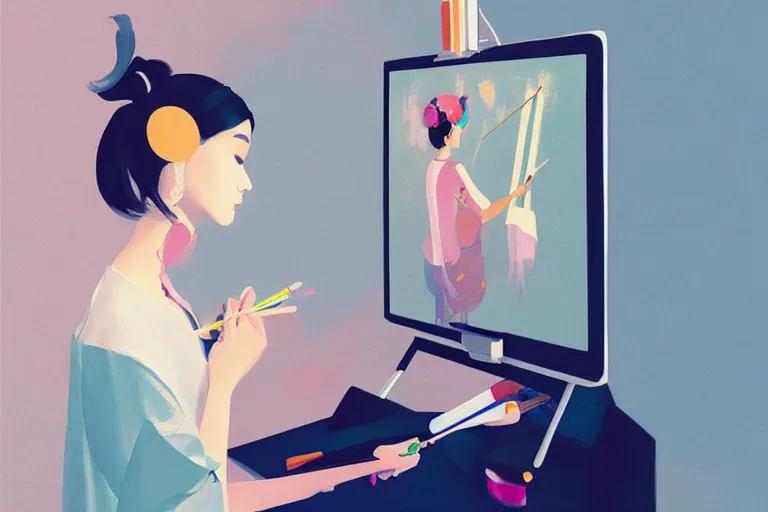 Prompt: beautiful illustration of a female artist painting an artwork on a computer screen by Hsiao-Ron Cheng, trending on art station