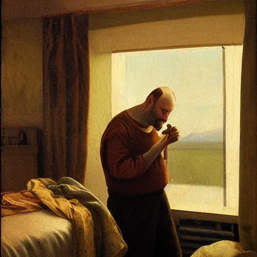 Image similar to a middle aged balding man with a full short beard in a tiny hotel room, depressed, stressed, extremely drunk and surrounded by empty beer cans. Renaissance oil painting.