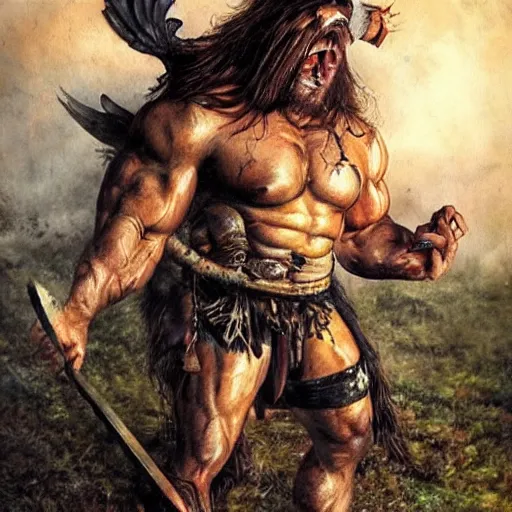 Prompt: ripped barbarian viking, pulling a raven away from his face, face with agonised expression, sunset in a forest, by simon bisley and daarken, hyper realistic