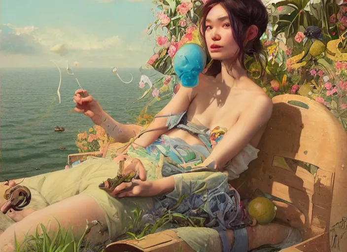 Image similar to beautiful fantasy painting of a chill day in summer, by Kenne Gregoire, James Jean, Tran Nguyen, WLOP, Jakub Rebelka. trending on Artstation, 8k, masterpiece, graffiti paint, fine detail, full of color, intricate detail, golden ratio illustration