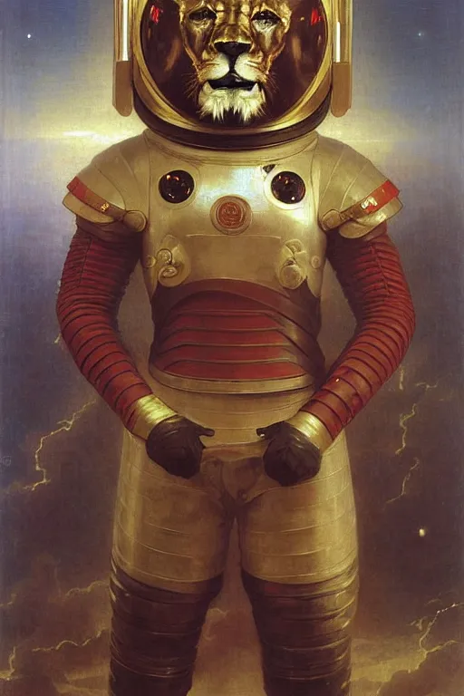 Image similar to portrait of a evil lion astronaut with chinese dragon armor and helmet, majestic, solemn, by bouguereau