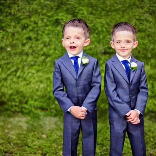 Prompt: two deformed weirdo brothers dressed for a wedding. Photograph.