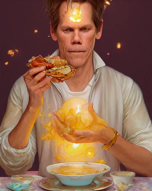 Image similar to kevin bacon eating fried eggs, highly detailed, gold filigree, romantic storybook fantasy, soft cinematic lighting, award, disney concept art watercolor illustration by mandy jurgens and alphonse mucha and alena aenami, pastel color palette, featured on artstation