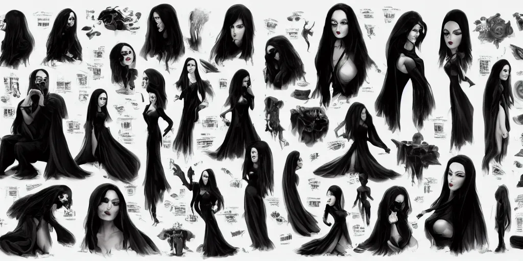 Image similar to morticia addams, character sheet, concept design, contrast, kim jung gi, greg rutkowski, zabrocki, karlkka, jayison devadas, trending on artstation, 8 k, ultra wide angle, pincushion lens effect