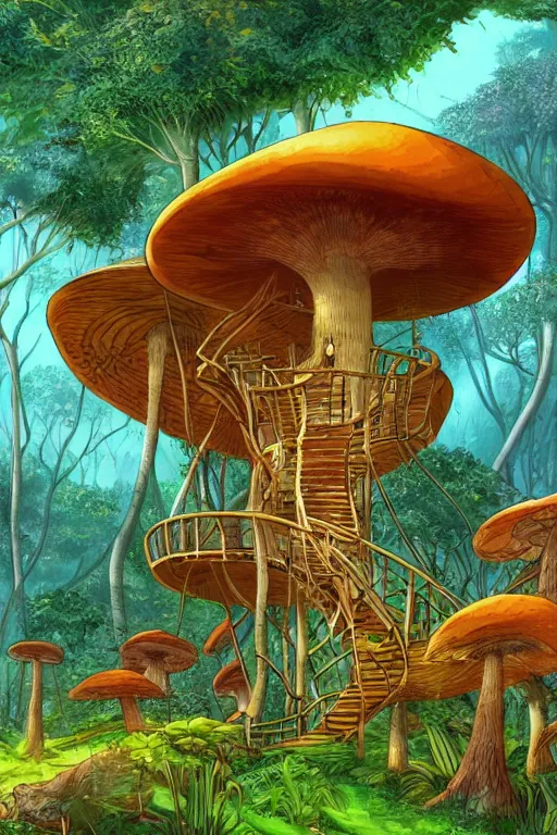 Image similar to a tree house in the jungle, big mushroom, sunshine, by alba ballesta gonzalez and moebius. 4 k wallpaper, digital 2 d, comic, illustration, extremely detailed, cinematic lighting, smooth sharp focus.
