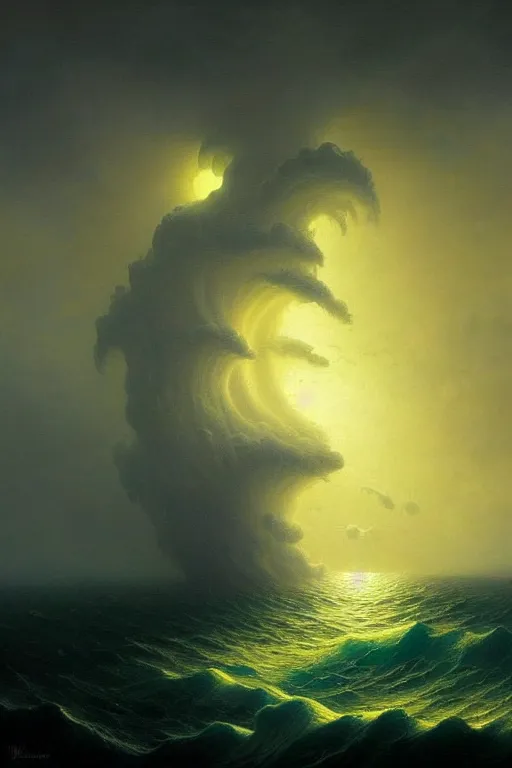 Image similar to A stunning detailed Shoggoth by Vladimir Kush and Ivan Aivazovsky, , stormy ocean, beautiful lighting, full moon, detailed swirling water tornado, artstation