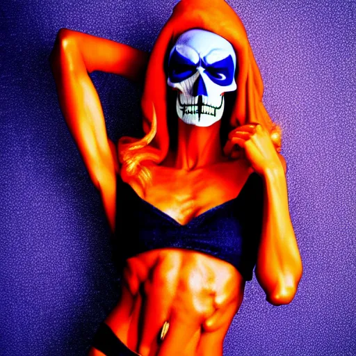 Image similar to glamour fashion modeling photo of skeletor