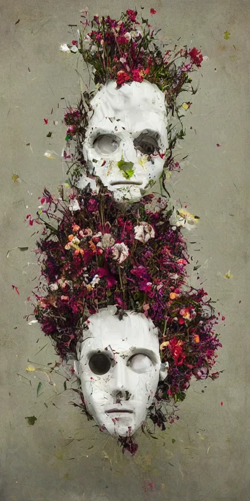 Image similar to a painting by thomas cole of a 3 d white robot head with flowers growing out, highly detailed, color bleeding, pixel sorting, plain purple background, studio lighting, high contrast, bold composition, abstract paint color splotches