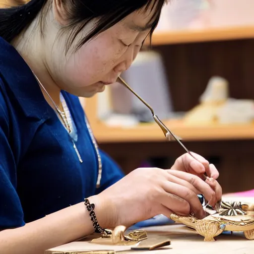 Image similar to A chinese female goldsmith at her desk crafting a necklace