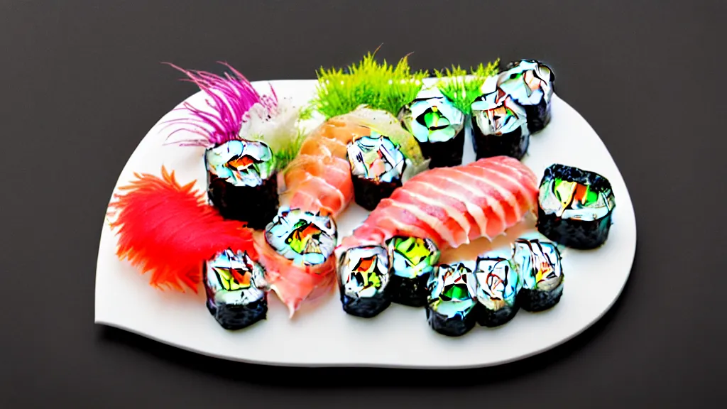 Image similar to an arrangement sushi on a white ceramic platteri, japan, a collage painting, in the style of wes anderson, lola dupre, david hockney, isolated on negative white space background dark monochrome neon spraypaint accents volumetric octane render