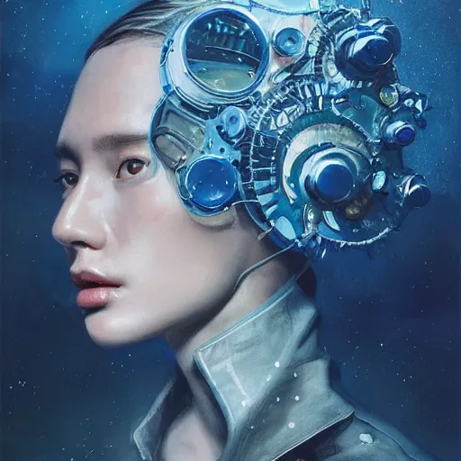 Prompt: sci - fi, close - up, 3 d, sleepy fashion model face, moon rays, cinematic, clouds, sun rays, vogue cover style, poster art, blue mood, realistic painting, intricate oil painting, high detail illustration, figurative art, multiple exposure, water, 3 d, by tooth wu and wlop and beeple and greg rutkowski