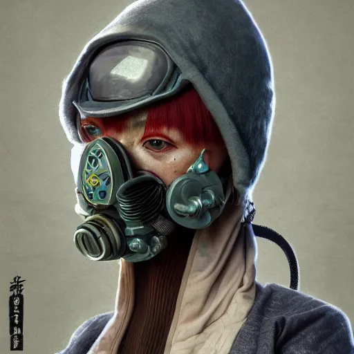 Prompt: japanese solarpunk pacifist in an art gallery with extremely detailed respirators and head gear, inspired by die antwoord beautiful, hand painted textures, cloth physics, deviantart, karol bak, masamune shirow, beautiful kawaii lighting, photorealistic, concept art, perfect render, 3 d render, pixar, 8 k