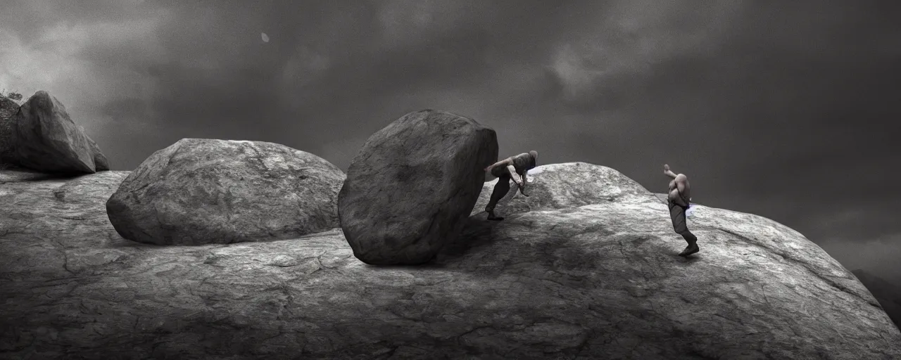 Prompt: Sisyphus pushing a stone up a mountain, the stone is round, the stone is rolling up, the mountain is steep, melancholic mood, photo realistic, 8k, HDR, ultra detailed, trending on artstation