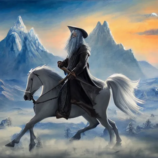 Image similar to Gandalf the grey on his horse protecting the city with magic from his staff from an imminent meteor strike, mountains in the distance, wide angle shot, hyper realistic painting, leica noctilux