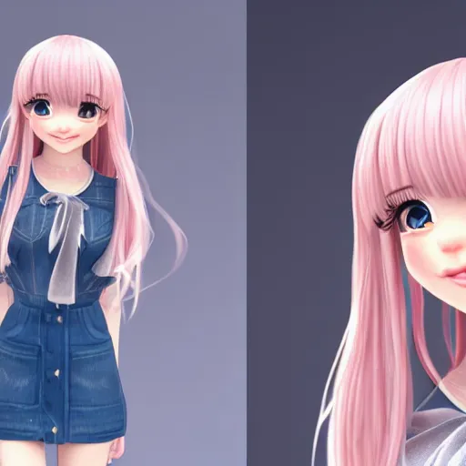 Image similar to Render of Nikki from Shining Nikki Dress-Up Game, a cute 3D young woman, long light pink hair, full bangs, full round face, hazel amber eyes, pale skin, cute freckles, light blush, Chinese heritage, smiling softly, wearing casual clothing, interior lighting, cozy home background, medium shot, mid-shot, hyperdetailed, trending on Artstation, Unreal Engine 4k