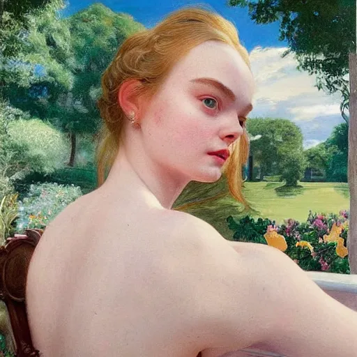 Image similar to Elle Fanning, head and shoulder masterpiece, next to a pool, golden hour, in a garden, artstation, by J. C. Leyendecker and Peter Paul Rubens,