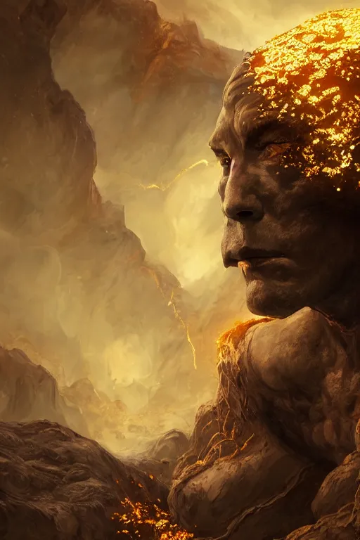 Prompt: fantasy character concept portrait, digital painting, wallpaper of a golem with skin of obsidian, with veins of magma and gold, renaissance nimbus overhead, by aleksi briclot, by laura zalenga, by alexander holllow fedosav, 8 k dop dof hdr, vibrant